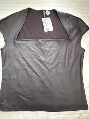 H&M Black Faux-Leather Short Sleeve Square-Neck Top
